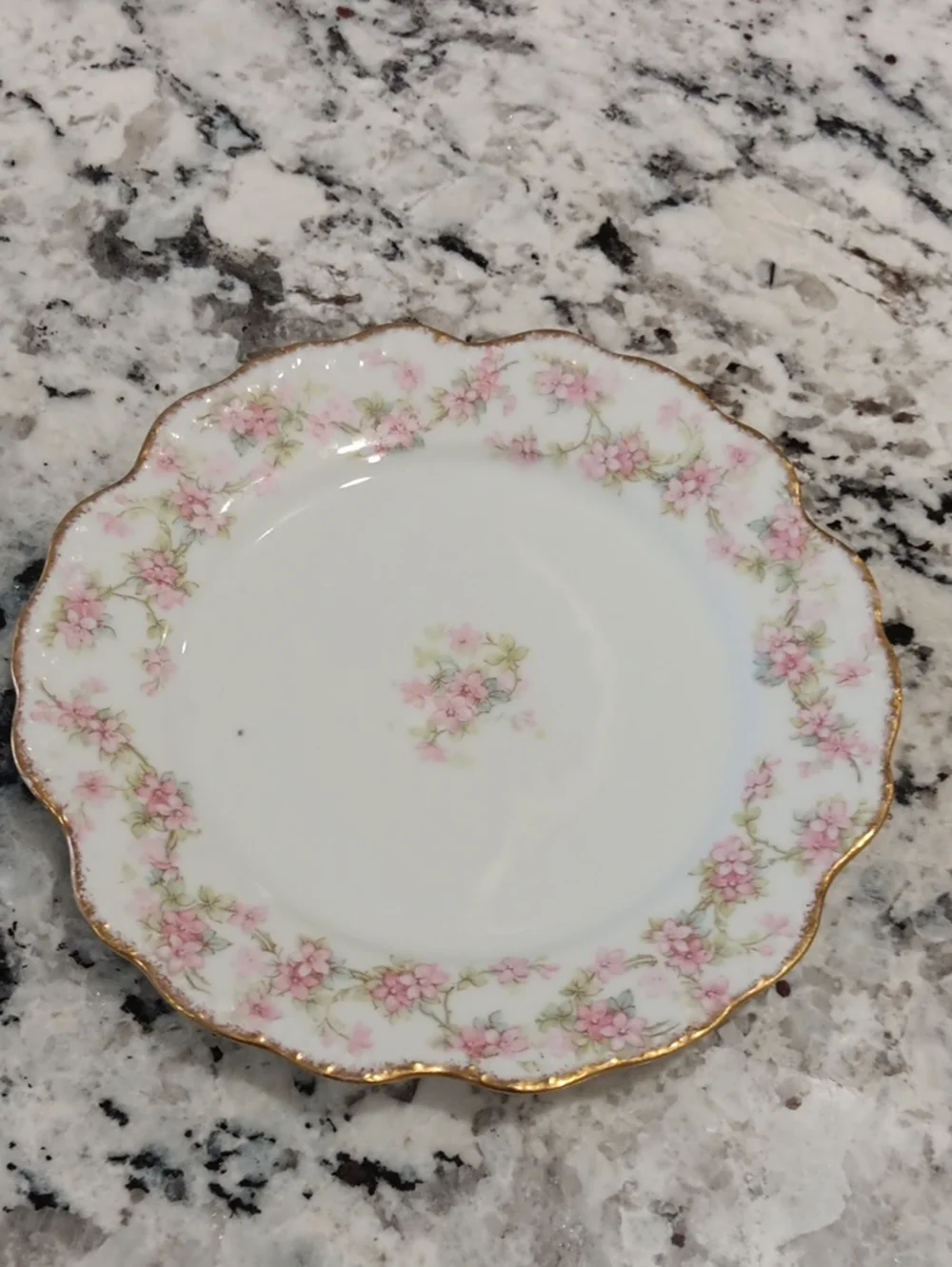 Vintage Limoges France Dessert Plate with Pink Floral Pattern and Gold Trim